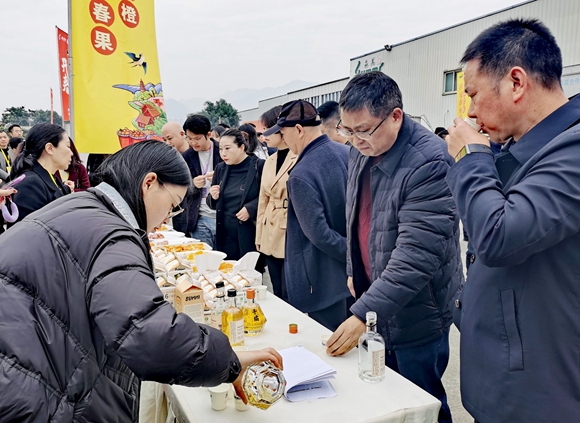 嘉賓在川渝農(nóng)業(yè)科技成果展區(qū)品嘗橙酒。陳泓瑩 攝
